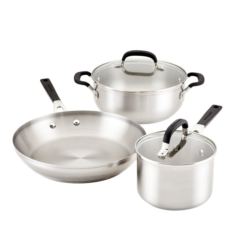 KitchenAid Stainless Steel Cookware Pots and Pans Set, 5 Piece, Brushed Stainless Steel