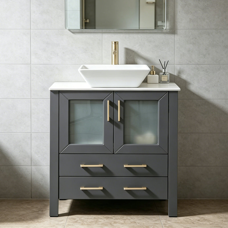30''Modern Black Vessel Bathroom Vanity With Stroage