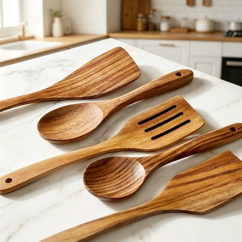 Ensemble d'ustensiles en bois d'acacia 5 pièces anti-rayures cuillères de cuisine et spatules pour cuisiner, mélanger, servir avec une batterie de cuisine antiadhésive