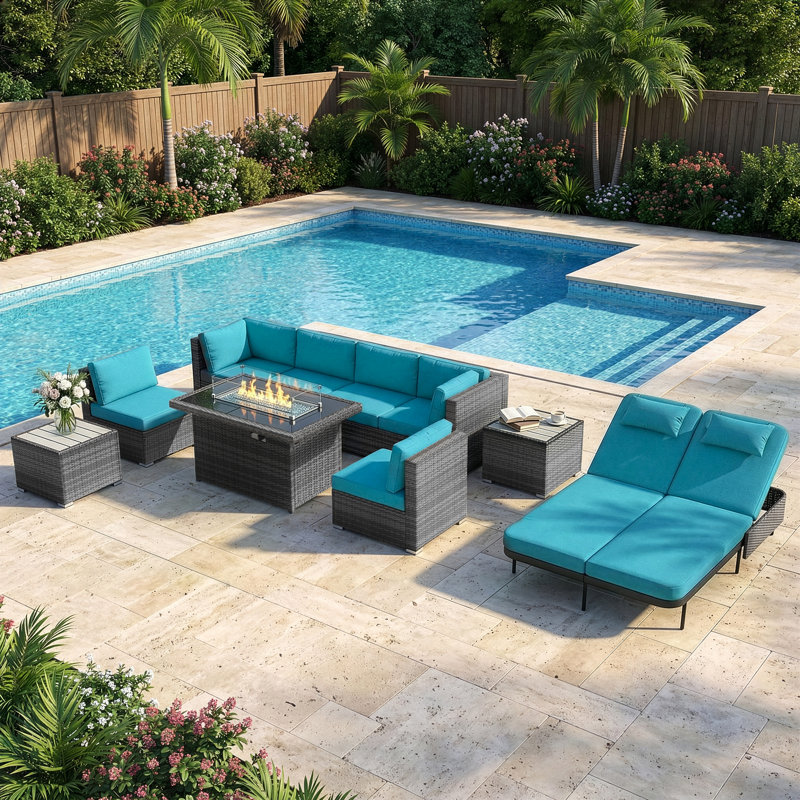 Luxury 10-Piece Patio Conversation Set Deep Seating Sectional With Fire Pit Table And Double Chaise Lounge, Teal