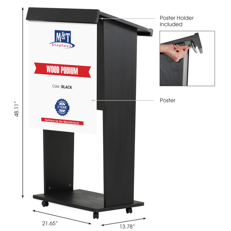 Black Lacquered Plywood Floor-Standing Podium with Shelf and Wheels