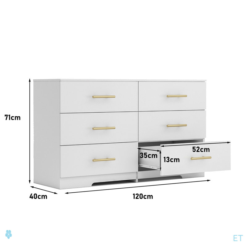 Grande commode 6 tiroirs avec poignée dorée, Blanc