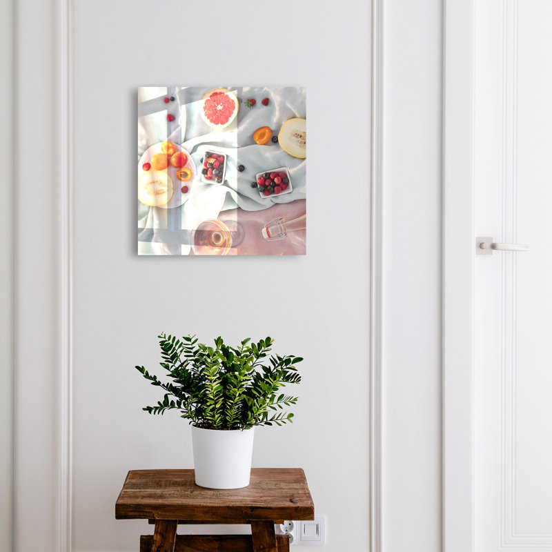 Wall mounted key box, Opens to the left, 30x30x5, White, Fruits on fabric with tempting colors, 