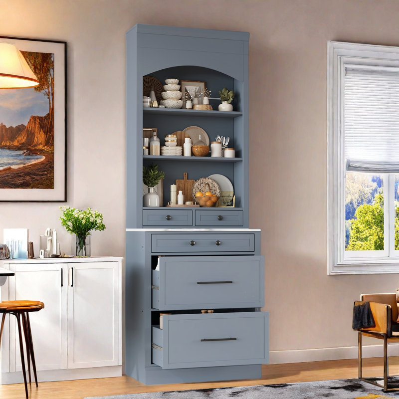 Garde-manger moderne avec plateau en faux marbre, 5 tiroirs et une tablette réglable, ensemble de 2, Gris