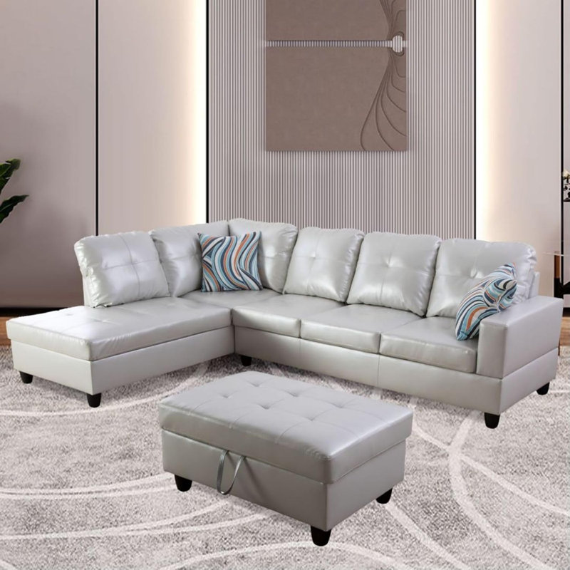 3 - Piece Semi Pu Synthetic Leather Sectional, Silver Gray Faux Leather