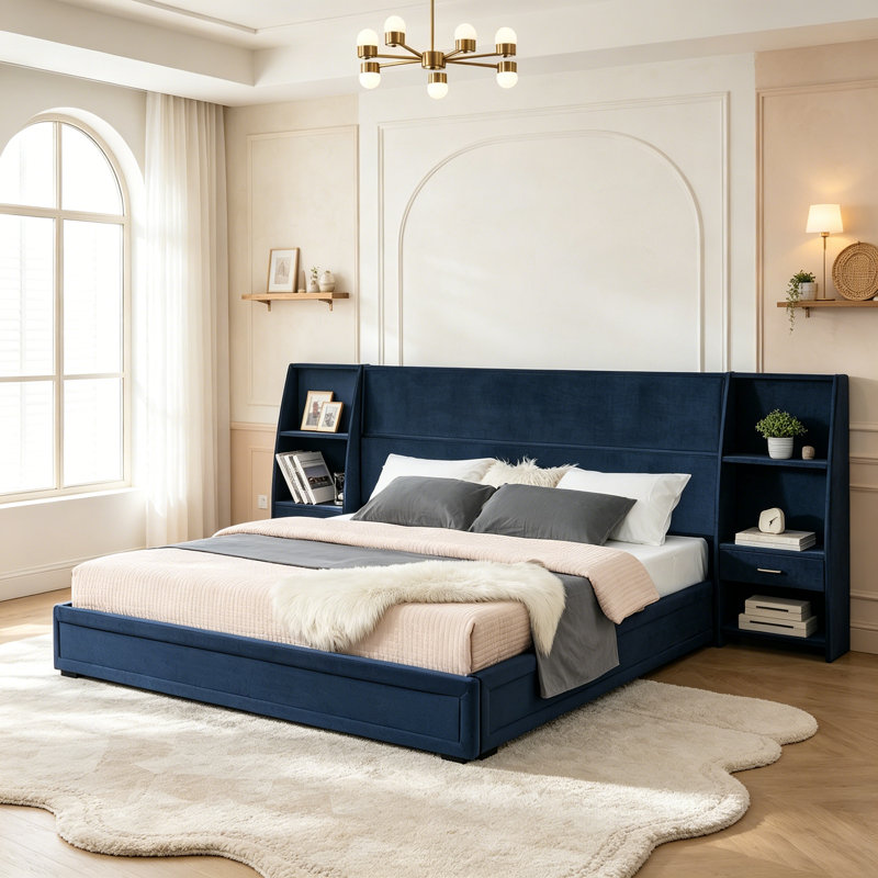 Lit plateforme tapissier avec tables de chevet et tiroirs, base de lit moderne à profil bas avec tête de lit, aucun sommier nécessaire, très grand lit, bleu foncé