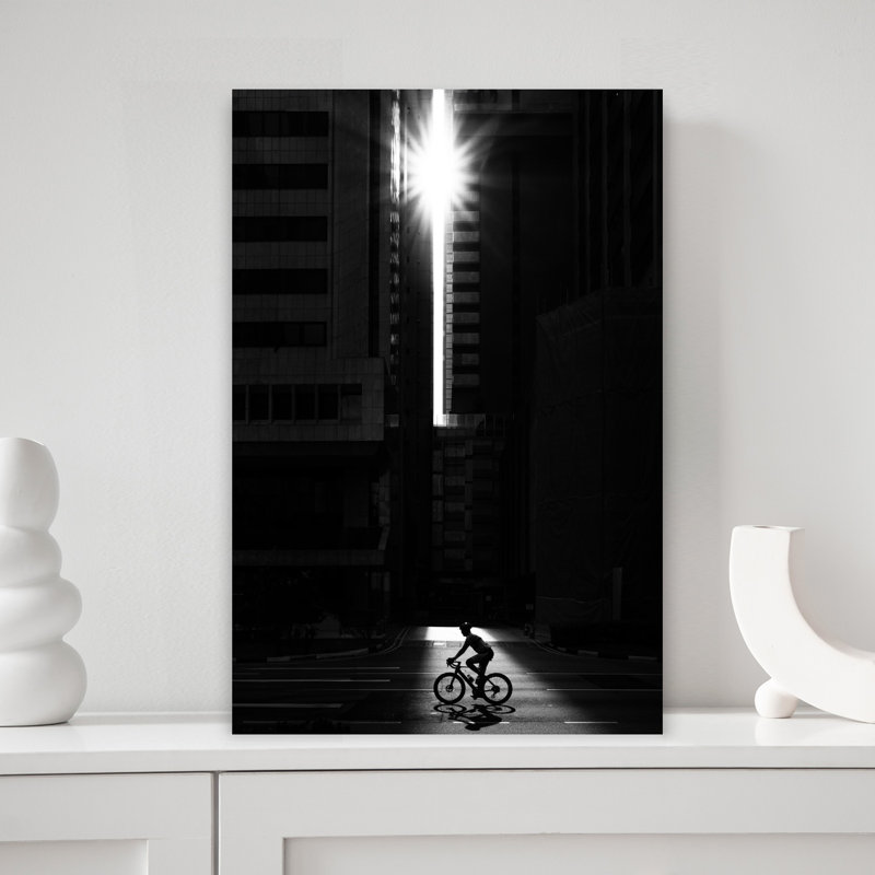 Silhouettes de cycliste, rayon de soleil, art contemporain abstrait, art mural urbain, 18" H x 12" W