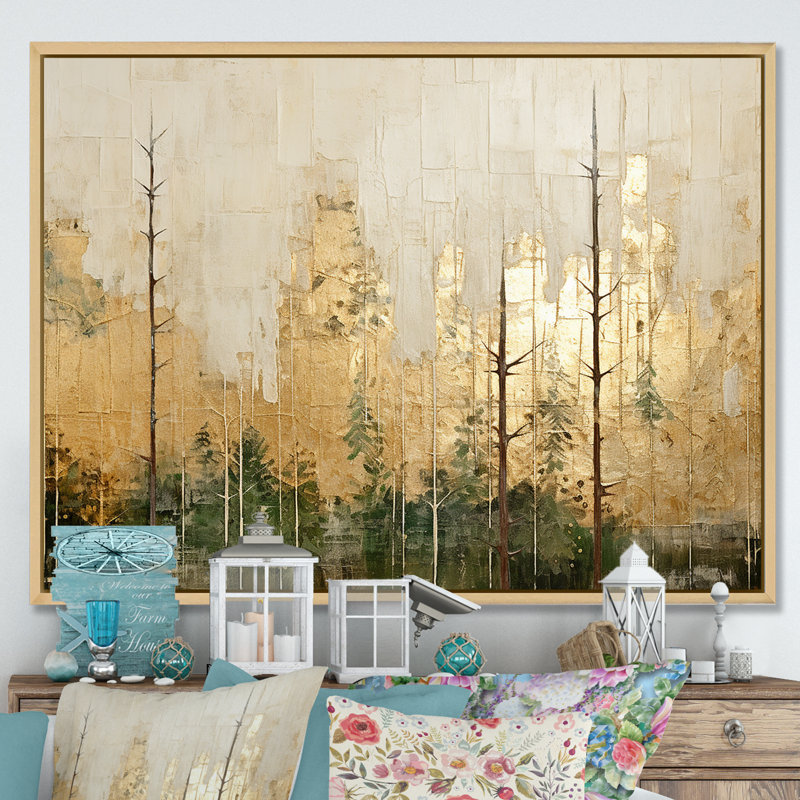 «Minimalisme beige et or forêt I», art mural sur toile forêt, H 16 po x l 32 po x P 1 po, Cadre naturel flottant