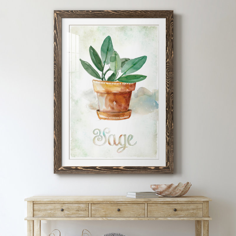 Sauge en pot - peinture, H 20 po x l 17 po x P 1,5 po, Papier, cadre noyer