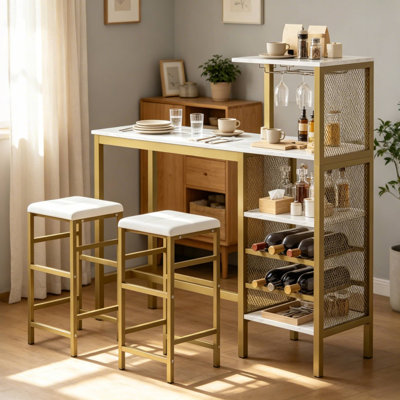 Ensemble de table de salle à manger à hauteur de comptoir blanc / or 3 pièces Alaura