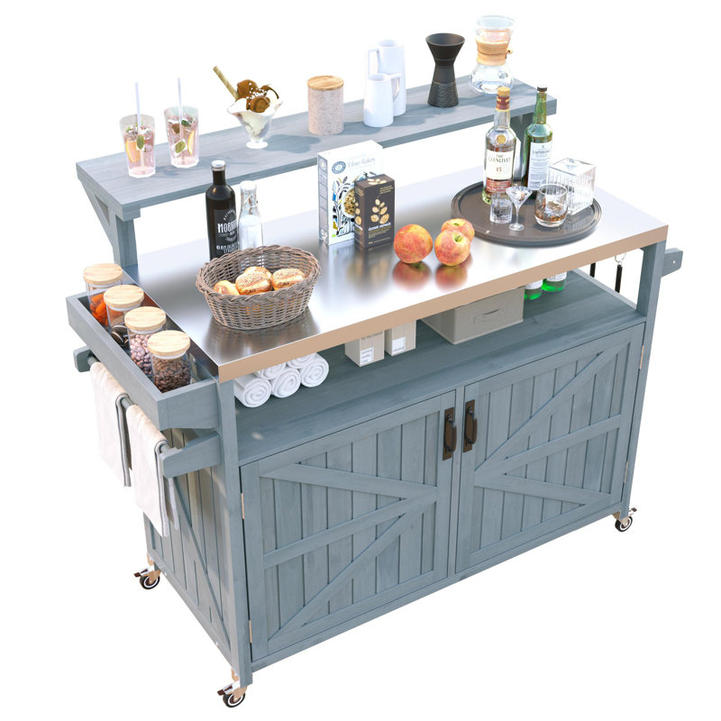 Îlot de cuisine extérieur avec tablette surélevée, plateau en acier inoxydable, support de rangement interne, tablette réglable, support à épices