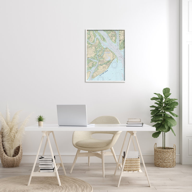 «Hilton Head South Carolina Coastal Nautical Map», H 30 po x l 24 po, Giclée encadrée blanc bord de mer