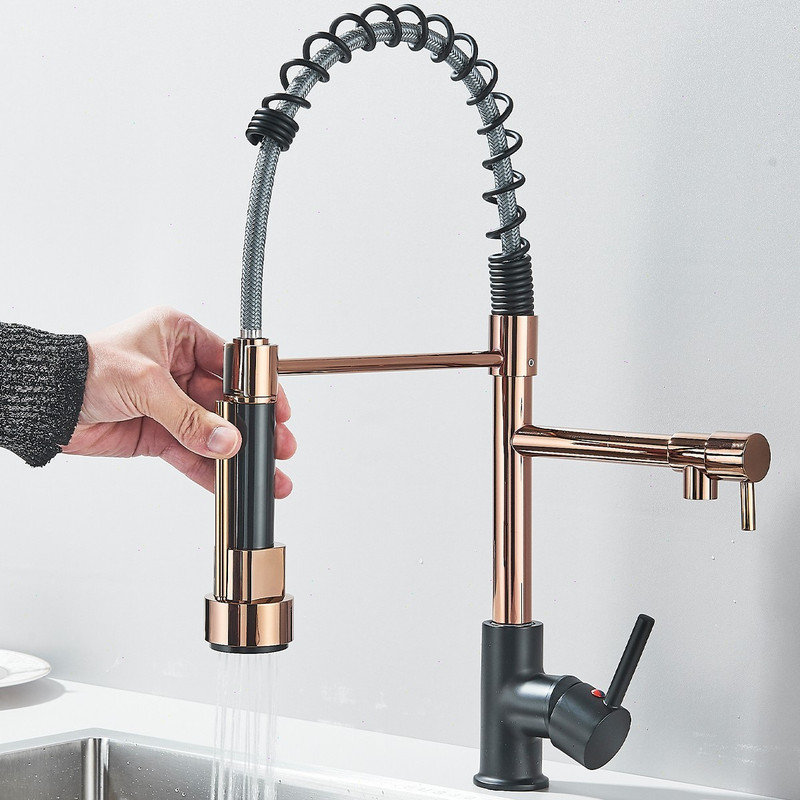 Robinet de cuisine à ressort commercial noir et rose Mosson avec douchette extractible et bec latéral