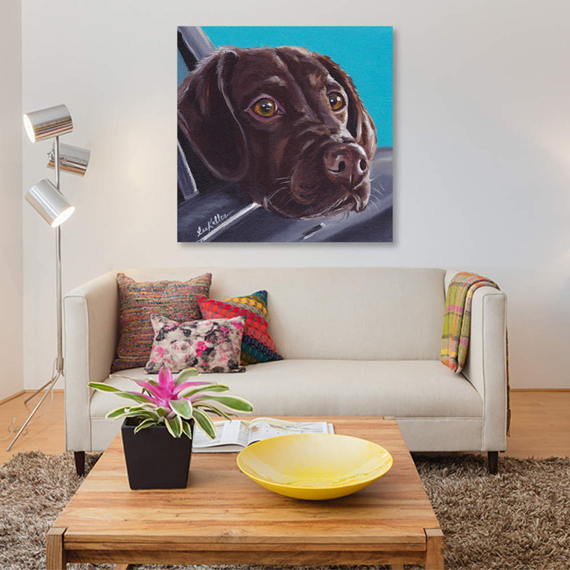 «Chocolate Lab in Car», impression sur toile, Papier d'art encadré noir, H 24 po x l 24 po x P 1 po