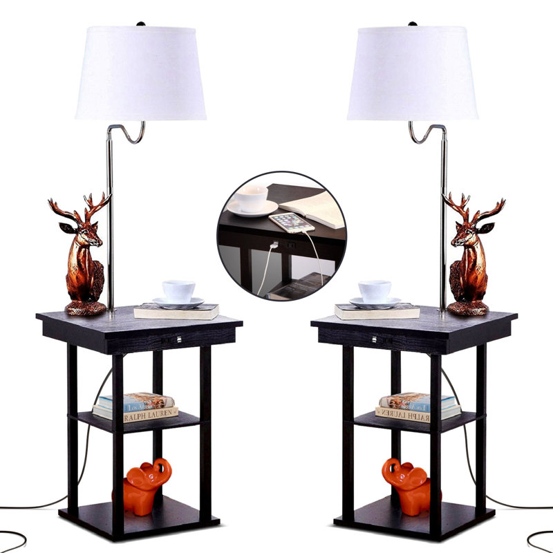 Madison 56 in. Modern LED Bedside Table Lamp with Fabric Drum Shade and Built-In USB Port - Bundle Set of 2