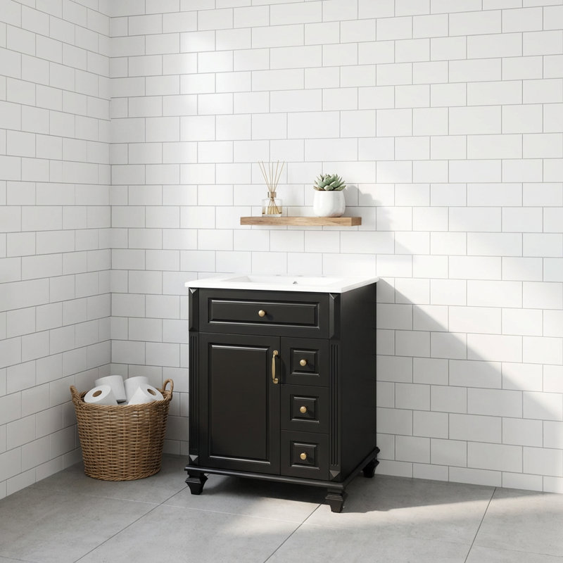 Compact Freestanding Bathroom Vanity with Ceramic Sink and Ample Storage, Featuring Flip-Out Drawer and Adjustable Shelving for Modern Bathroom Organization