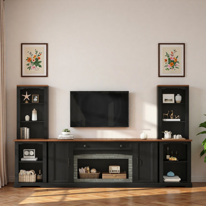 Meuble audio-vidéo 3 pièces avec 1 meuble télé et 2 bibliothèques, Noir