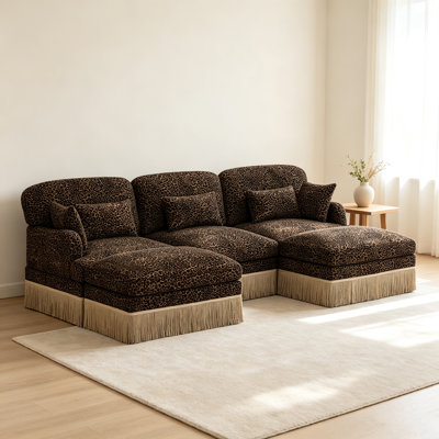 100"Comfy Chenille Leopard Printing U-Shaped Sofa,Delicate Tassel Edge,Movable Ottomans,Modern Fashion Style,Ergonomic Back and Seat Design,Easy Assem