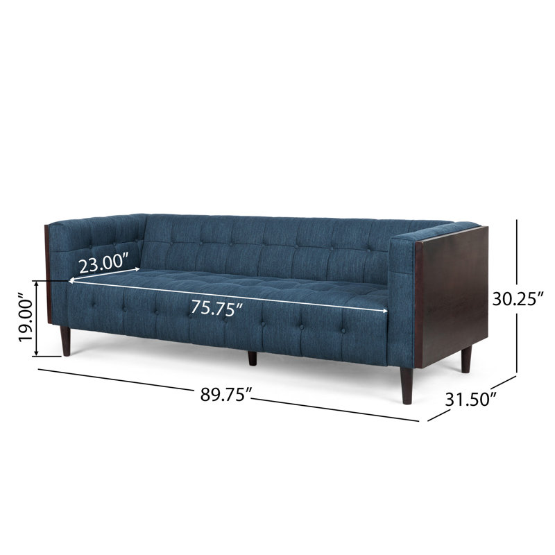 Canapé Yuro, capitonné à boutons Chesterfield, 3 places, 90 po, tissu bleu, Bleu