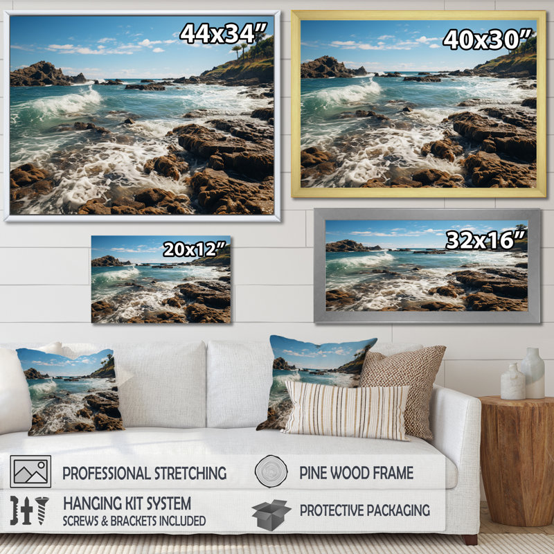 Byrnedale Rocky Beach Rocky Coastline IV - impression, Cadre flottant doré, H 16 po x l 32 po x P 1 po