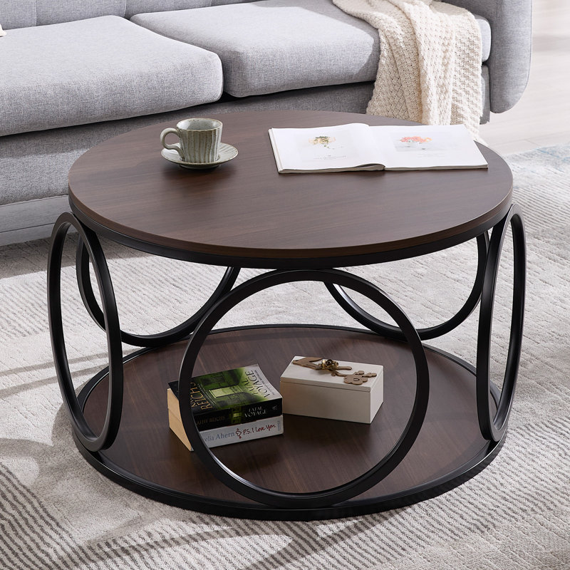 Carnforth 31.5" Round Coffee Table with 2-Tier Storage Shelves, Espresso Wood