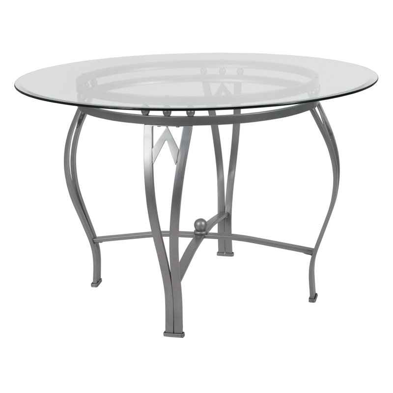 Elegant 42'' Round Silver Metal Frame Glass Dining Table