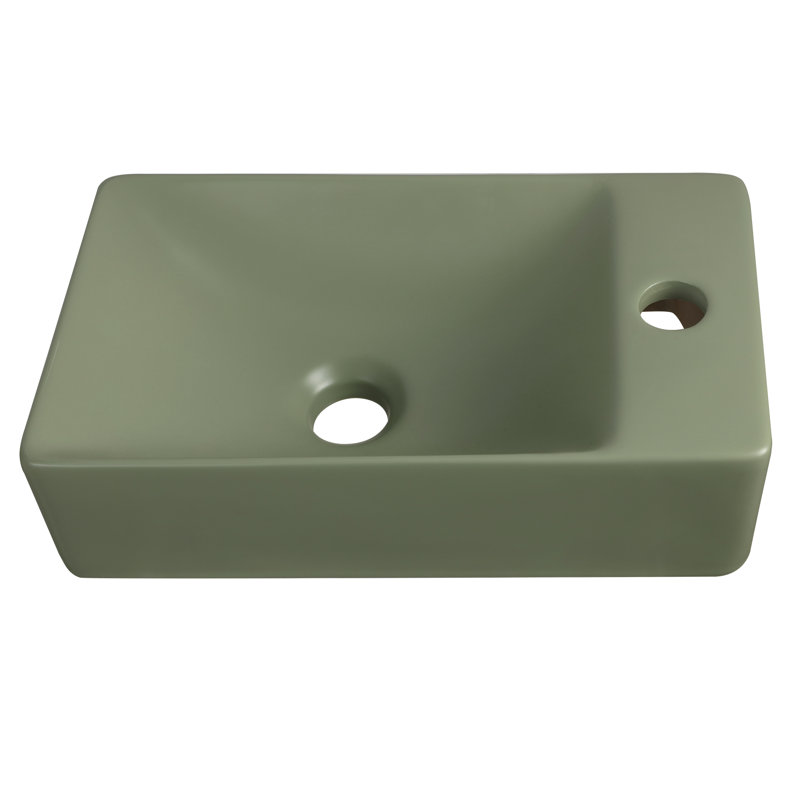 Felix 15 in. W x 8.5 in. D Modern Wall Mounted Rectangular Ceramic Space-Saving Mini Bathroom Sink, Right-Side Faucet Hole, Matte Olive