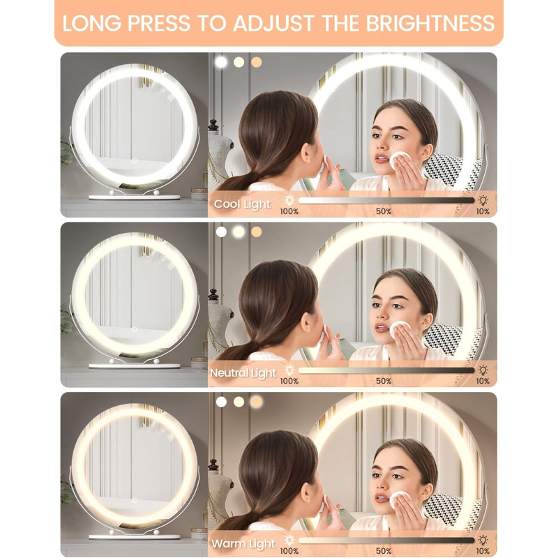 Large 19-inch Vanity Makeup Mirror with Lights, Touch Control 3 Color Lighting Dimmable Makeup Mirror, Impeccable Illumination for Professional Makeup, 360° Rotatable Design