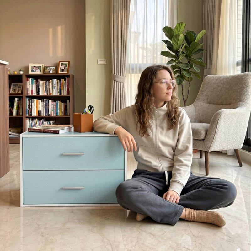 15.7"H 2-Drawer Wooden Storage Bookcase, Light Blue