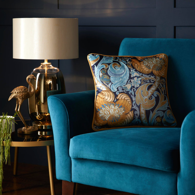 Down the Dilly Damask Square Scatter Cushion Cover/Cushion with Filling, Ochre/Blue, Polyester/Polyfill
