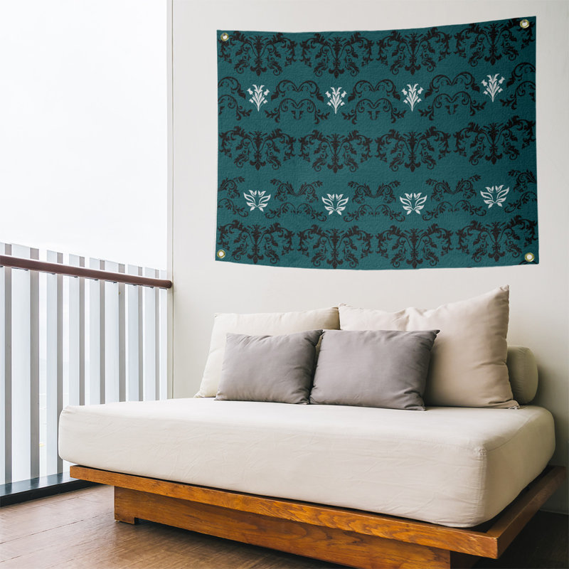 Tapisserie baroque en polyester Polyester, H 59 po x l 80 po, Bleu sarcelle / noir / blanc