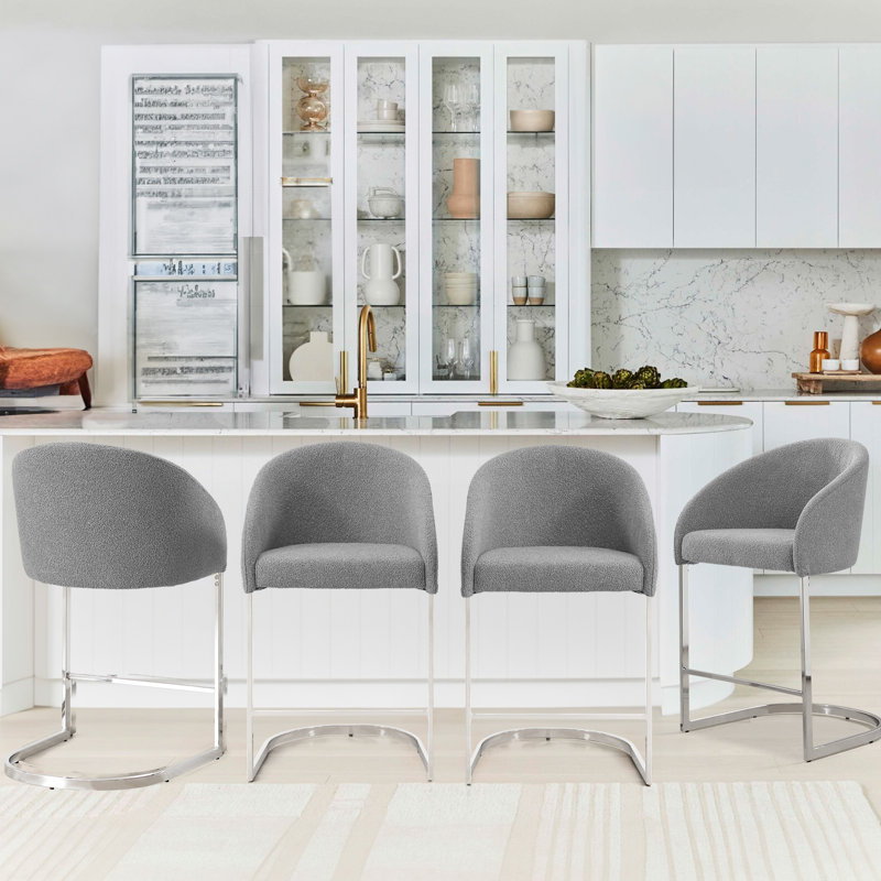 Gray Boucle Upholstered Counter Stools with Chrome Frame, Set of 4