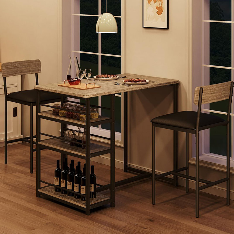 Ensemble de table de salle à manger à hauteur de comptoir pour 2 personnes avec tablettes de rangement et 2 tabourets de bar rembourrés, idéal pour les petits espaces, les appartements ou les studios, gris rétro - Ensemble 3 pièces / hauteur de comptoir / bois et tissu / rétro moderne