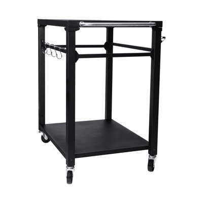 Chariot de barbecue roulant noir avec 2 roues verrouillables et crochets porte-ustensiles, idéal pour les repas en plein air. Étagères spacieuses pour une organisation optimale de la cuisson, support pour four à pizza, grand espace de rangement pour les accessoires de barbecue.