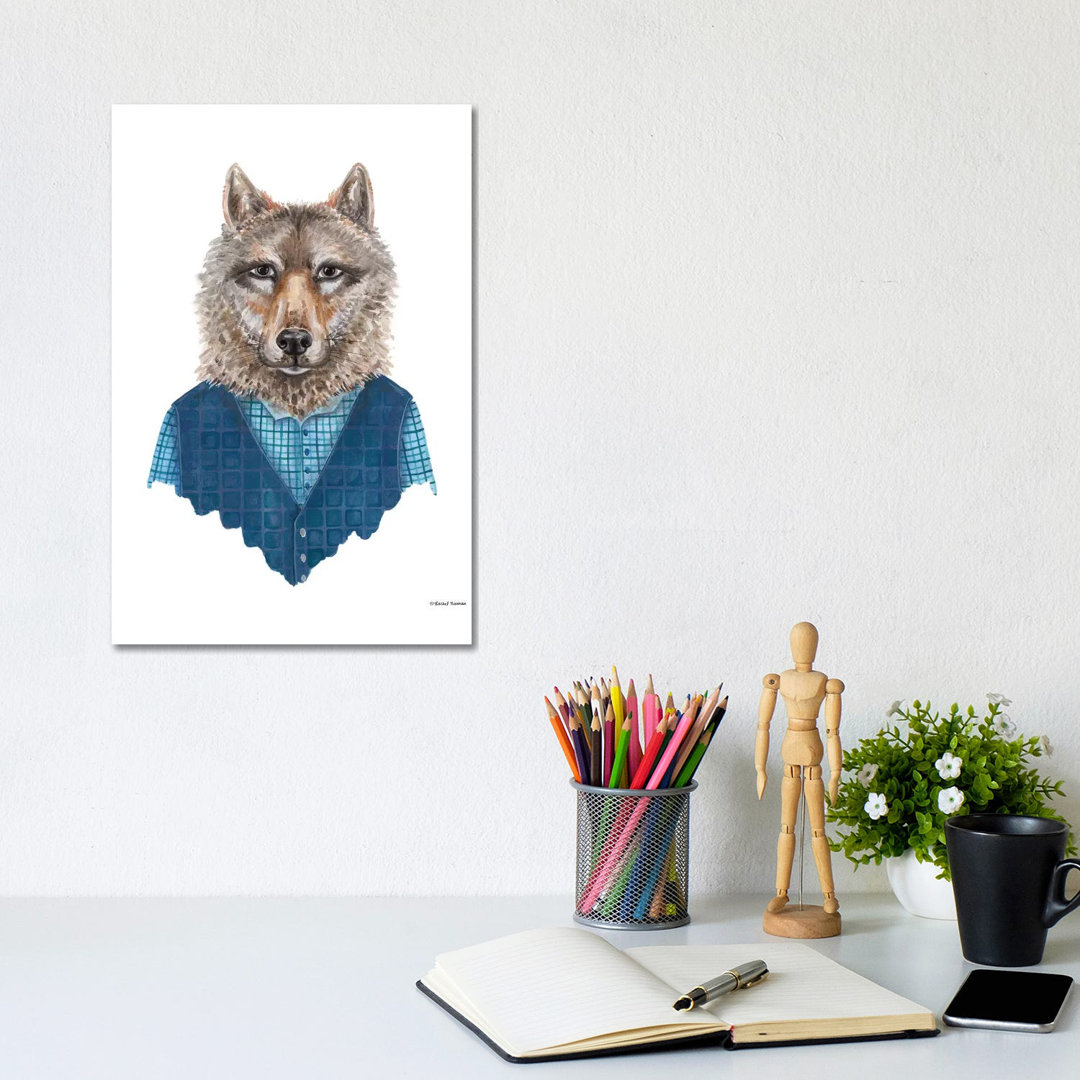 Wolf In Waistcoat von Rachel Nieman - Galerie-verpackte Leinwand Giclée auf Leinwand