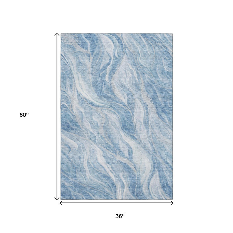 3' X 5' Blue And Ivory Abstract Washable Area Rug With UV Protection
