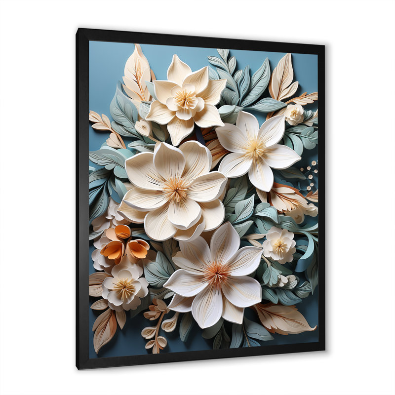 Élégant papier mâché, fleurs de plumeria, H 40 po x l 30 po x P 1,5 po, Cadre simple noir