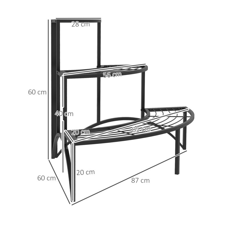 3 Tier Corner Plant Stand Quarter Round Pot Indoor/Outdoor Black
