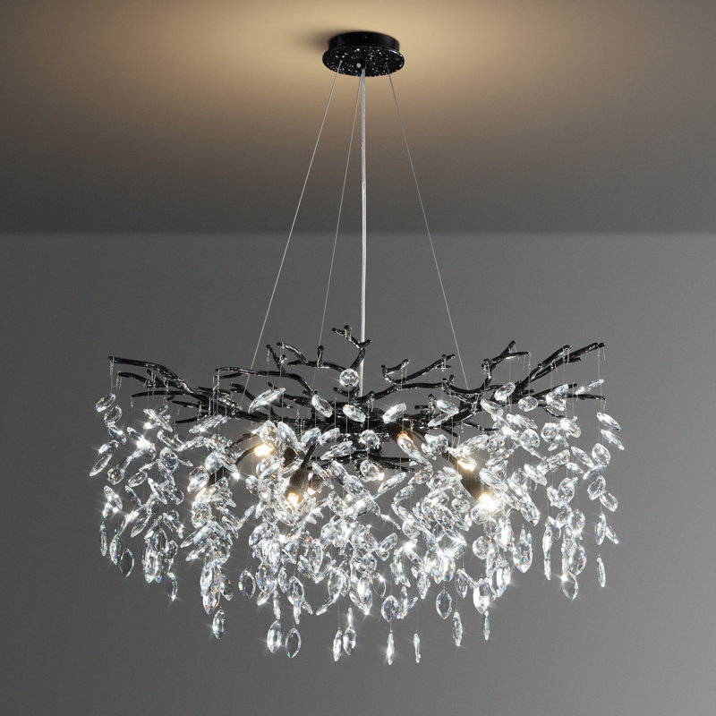 Modern10-Light Chrome Crystal Chandelier With Tree Branch Design, Matte Black, 27.56" H x 31.5" W x 31.5" D