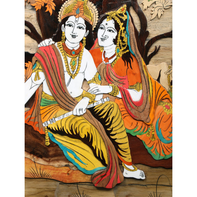 36 "Radha et Krishna assis sous un arbre, peinture naturelle sur bois en 3D avec incrustations - Art mural traditionnel traditionnel spirituel indien