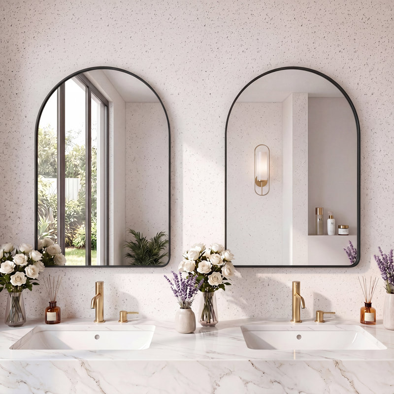 Contemporary Arched Wall Mounted Bathroom Vanity Mirror with Aluminum Alloy Frame, Black, 30" x 20"