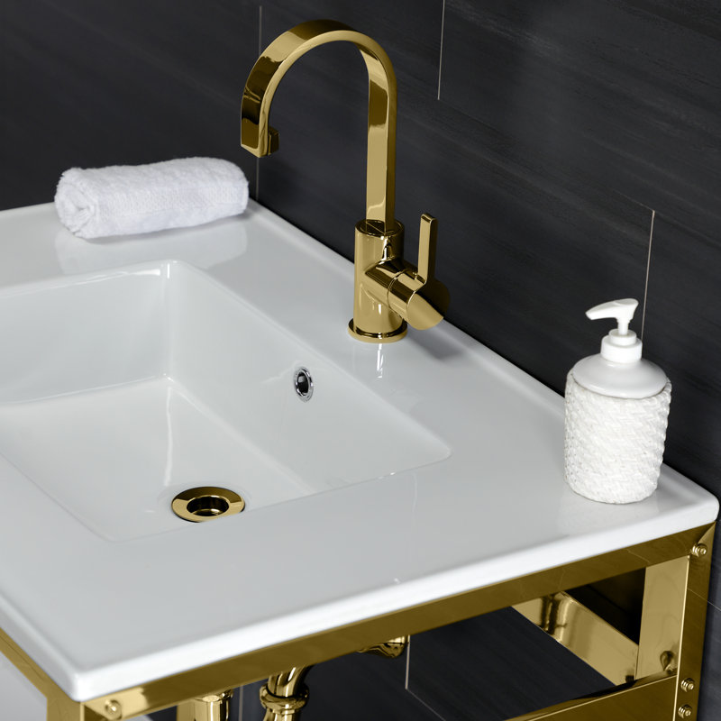 Lavabo de salle de bain console en céramique avec trop-plein, Blanc / laiton poli, Simple