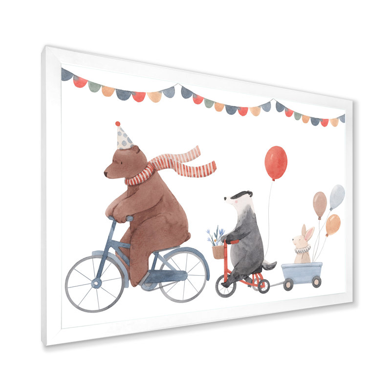 Animaux mignons à bicyclette, H 30 po x l 40 po x P 1,5 po, Cadre d'angle fermé blanc