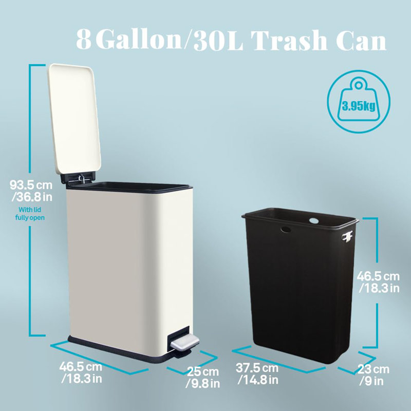 Poubelle de cuisine 8 gallons, Blanc / Blanc
