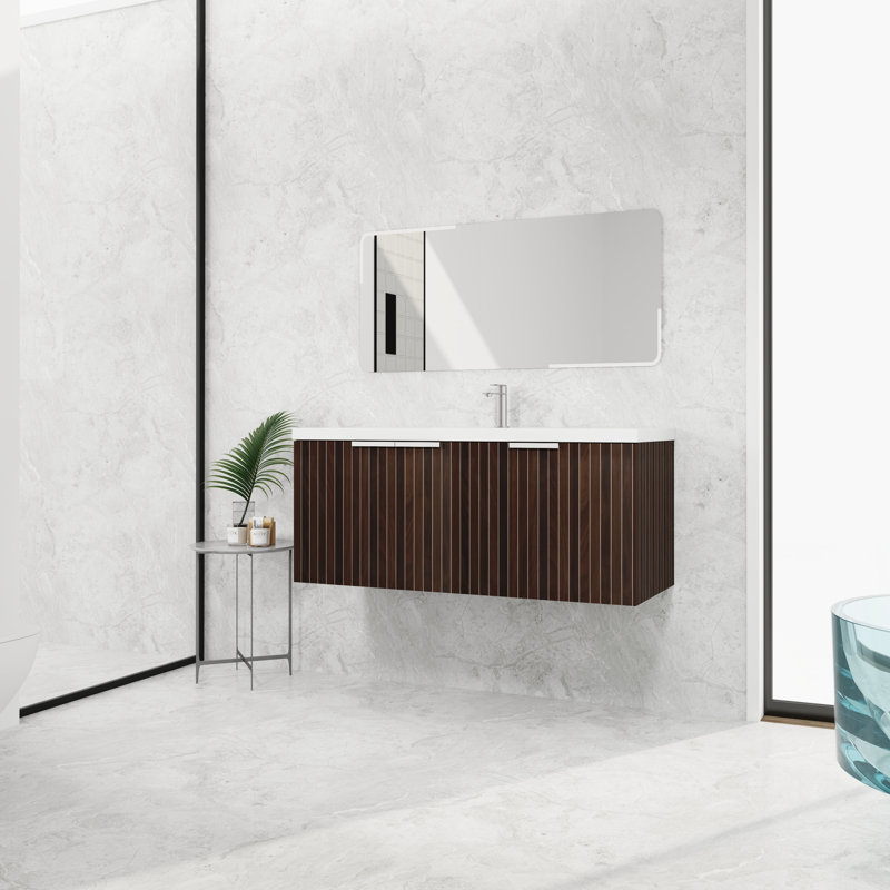 Armoire de salle de bain 48 po avec lavabo en résine, portes à fermeture douce, conception à fixation flottante
