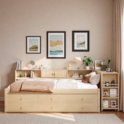Wood Daybed With Storage Drawers, Side Shelves, Desk And Trundle