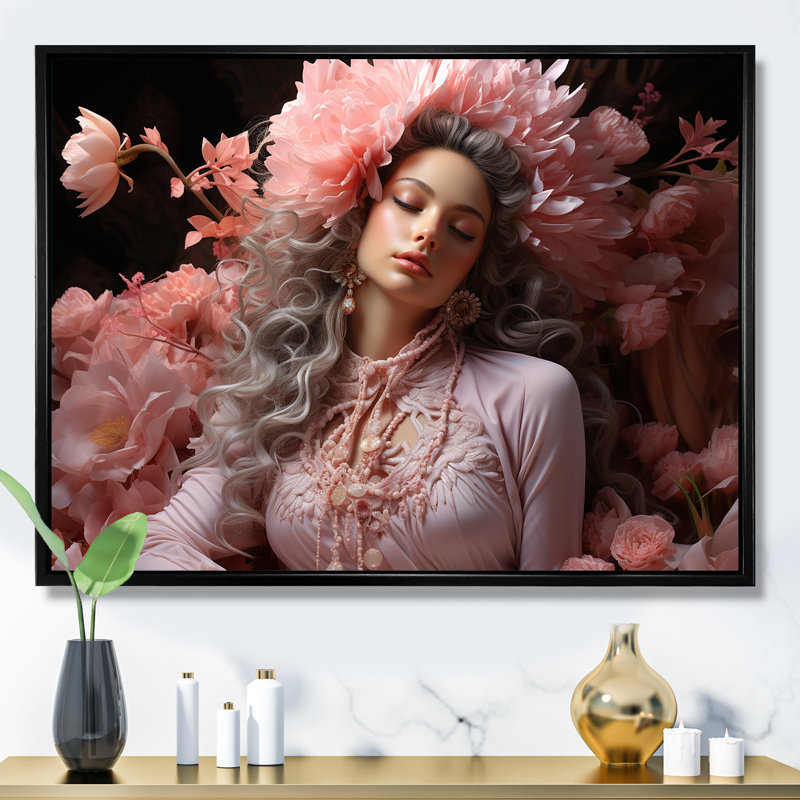 " Hindu Bhakti Blossom Blush ", Black Floater Framed, 34" H x 44" W