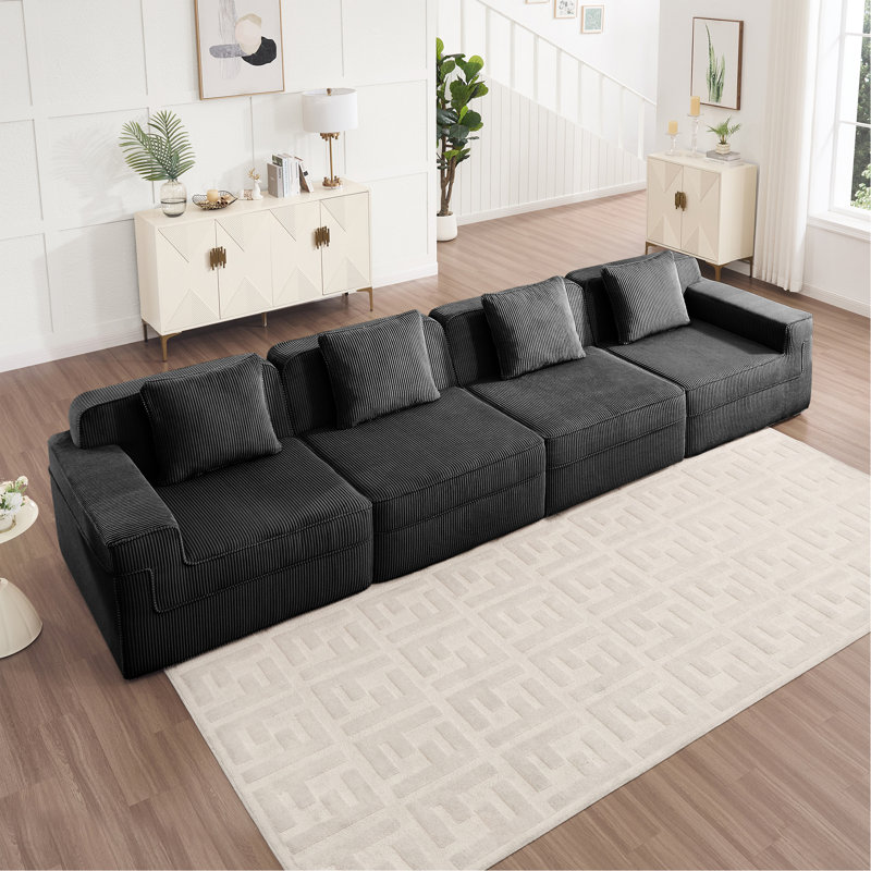 Canapé modulaire sans siège à 4 places, canapé modulaire Cloud avec assise profonde, canapé modulaire moderne à 4 places avec coussins décoratifs Tissu en velours côtelé