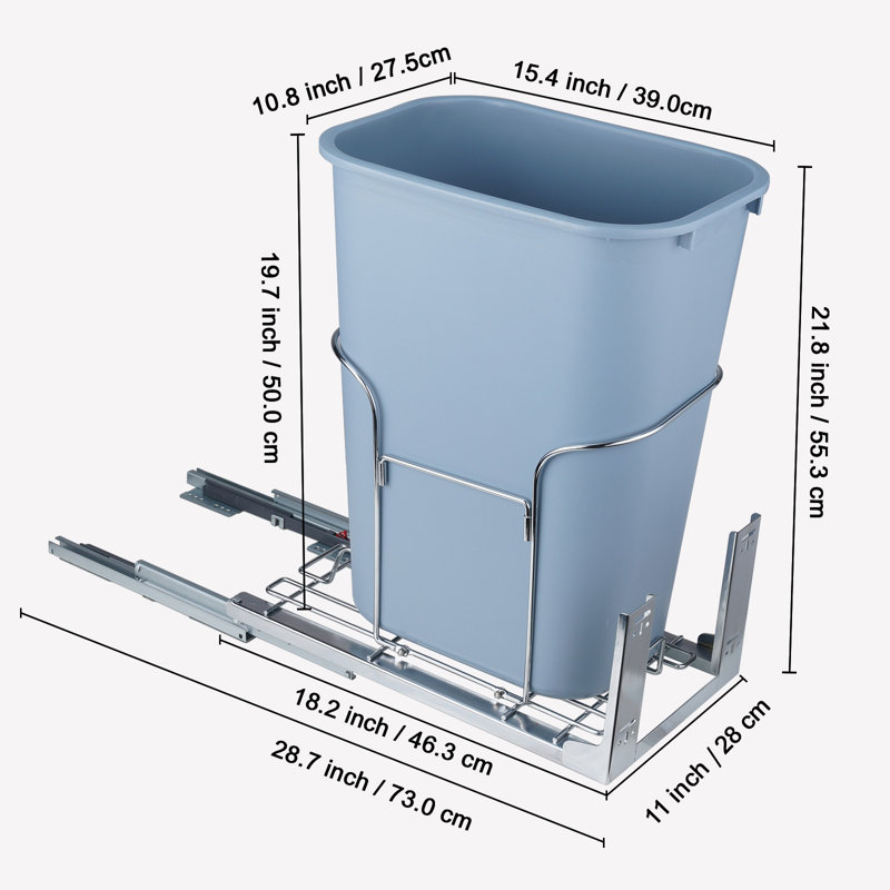 Poubelle coulissante, bac simple de 35 L, capacité de charge de 50 kg, bac de recyclage robuste pour meuble de cuisine, conteneur à déchets de cuisine sous plan avec glissière, poignée et trousse de montage pour porte, évier