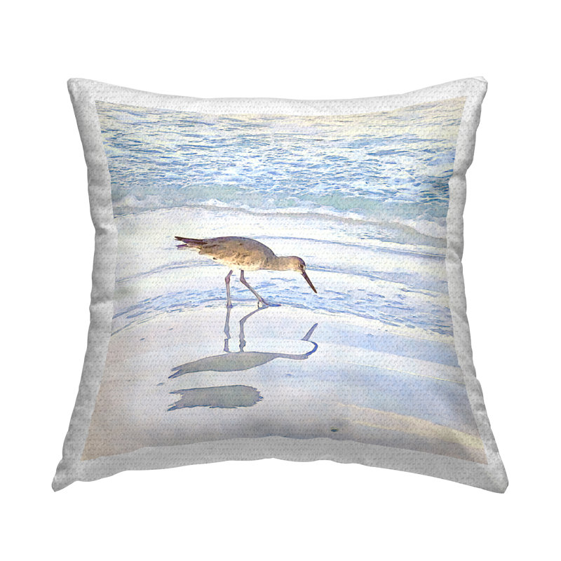 Sandpiper Reflecting on Shore Outdoor Printed Pillow by Christine Zalewski